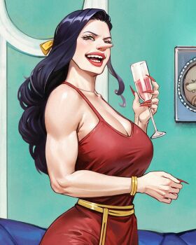  1girl adelheid_(moschiola) alcohol black_hair bow bracelet breasts brown_eyes catarina_devon collarbone cup curly_hair dress drinking_glass eyelashes fingernails glass highres holding indoors jewelry large_breasts long_hair long_nose looking_at_viewer muscular muscular_female one_piece open_mouth painting_(object) red_dress red_nails sleeveless sleeveless_dress smile solo teeth upper_body wine wine_glass yellow_bow  rating:Sensitive score:25 user:danbooru