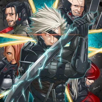  1girl 4boys armor azusa_tanaka barcode barcode_tattoo beard black_gloves black_hair closed_mouth cyborg electricity eyepatch facial_hair finger_to_mouth gloves glowing glowing_eye grey_eyes grey_hair grin hair_over_one_eye helmet holding holding_sword holding_weapon long_hair looking_at_viewer metal_gear_(series) metal_gear_rising:_revengeance mistral_(metal_gear_rising) monsoon_(metal_gear_rising) multiple_boys ponytail raiden_(metal_gear) red_eyes red_hair samuel_rodrigues signature smile spiked_hair sundowner_(metal_gear_rising) sword tattoo weapon 