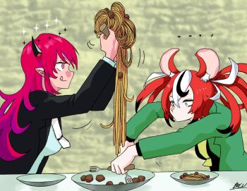  ... 2girls animal_ears arsene_lupin_iii arsene_lupin_iii_(cosplay) black_hair black_jacket blazer bolu castle_of_cagliostro closed_mouth commentary cosplay english_commentary food fork green_eyes green_jacket hakos_baelz highres holding holding_fork hololive hololive_english irys_(hololive) jacket jigen_daisuke jigen_daisuke_(cosplay) long_hair lupin_iii meatball mouse_ears mouse_girl multicolored_hair multiple_girls necktie pasta pink_hair plate pointy_ears red_hair signature smile spaghetti spaghetti_and_meatballs spoken_ellipsis streaked_hair upper_body very_long_hair virtual_youtuber white_hair white_necktie yellow_necktie 