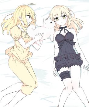  2girls ahoge artoria_pendragon_(fate) babydoll black_babydoll black_bloomers blaulilie110 blonde_hair bloomers breasts cleavage commentary_request expressionless fate/stay_night fate_(series) green_eyes hair_down highres holding holding_stuffed_toy lying multiple_girls on_back on_side pajamas saber_(fate) saber_alter small_breasts stuffed_animal stuffed_dog stuffed_toy thigh_strap underwear yellow_eyes yellow_pajamas 