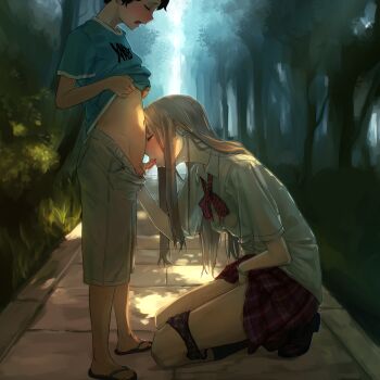 1boy 1girl age_difference black_bra black_hair black_panties blonde_hair blush bra bracelet breasts closed_eyes commentary commentary_request cum cum_in_mouth earrings fellatio female_masturbation flip-flops hetero highres jewelry kneeling masturbation medium_breasts night onee-shota oral original outdoors pale_skin panties panties_around_leg penis plaid_clothes plaid_panties pleated_skirt public_indecency pussy_juice saliva sandals school_uniform see-through_clothes shorts shota size_difference skirt small_penis socks teenage_girl_and_younger_boy testicles tree uncensored underwear yamada_(gotyui) rating:Explicit score:2407 user:danbooru