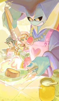  1girl 2boys apron aretokasoretoka armor blue_robe bodysuit commentary_request cooking dragon_lord dragon_quest dragon_quest_i dress elbow_gloves fake_horns gloves helmet hero_(dq1) highres horned_helmet horns jewelry long_hair looking_at_another multiple_boys necklace orange_bodysuit orange_hair pink_apron princess_laura robe shoulder_armor twitter_username white_gloves yellow_dress 