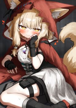  1girl absurdres animal_ear_fluff animal_ears arknights arknights:_endfield black_boots black_gloves blonde_hair blush boots cape closed_mouth commentary delfino dress ears_through_headwear fingerless_gloves gloves highres hood hood_up hooded_cape long_hair looking_at_viewer red_cape rossi_(arknights) smile solo white_dress wolf_ears wolf_girl yellow_eyes  rating:General score:18 user:danbooru