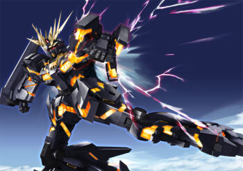  alternate_form beam_cannon blue_sky cloud commentary_request energy flying glowing glowing_eyes gundam gundam_unicorn mecha mecha_focus mobile_suit nagi-kaze no_humans nt-d realistic red_eyes robot scene_reference science_fiction shield sky solo unicorn_gundam_banshee v-fin 