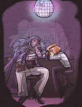  2girls bar_(place) beifeeng black_pants black_shoes bottle braided_dreadlocks brown_hair chest_sarashi closed_eyes closed_mouth coat coat_on_shoulders crossed_arms disco_ball hashtag-only_commentary highres indoors ishmael_(project_moon) limbus_company multiple_girls necktie_around_head orange_hair pants project_moon purple_coat queequeg_(project_moon) sarashi shirt shoes short_hair sidelocks white_pants white_shirt 