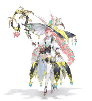  1girl absurdres animal_ear_fluff animal_ears arowana2111 ascot belt black_dress black_hat black_shoes blue_eyes bow brown_belt brown_gloves closed_mouth clothing_cutout colored_inner_hair commentary crossed_legs dated_commentary dress drill_hair ears_through_headwear english_commentary facial_mark fingerless_gloves frilled_dress frills full_body gloves green_hair hat hat_ribbon heart heart_facial_mark high_heels highres holding holding_staff large_hat long_hair looking_at_viewer looking_to_the_side mage_staff mark_under_eye multicolored_dress multicolored_hair multicolored_hat original pink_hair puffy_sleeves rabbit_ears rabbit_girl ribbon shadow shoes shoulder_cutout simple_background skirt solo staff standing thighhighs twin_drills very_long_hair waist_bag watson_cross white_ascot white_background white_dress white_hat white_thighhighs witch witch_hat yellow_dress yellow_ribbon 