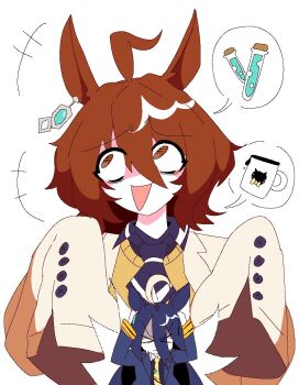  >_< 2girls agnes_tachyon_(tach-nology)_(umamusume) agnes_tachyon_(umamusume) ahoge animal_ear_piercing animal_ears black_hair blonde_hair brown_eyes brown_hair closed_eyes collared_shirt covering_own_ears cup earrings hands_on_own_head horse_ears horse_girl jacket jewelry long_hair long_sleeves looking_to_the_side looking_up manhattan_cafe_(creeping_shadow)_(umamusume) manhattan_cafe_(umamusume) memi mug multiple_girls necktie open_clothes open_jacket open_mouth shirt short_hair single_earring sleeves_past_fingers sleeves_past_wrists smile speech_bubble test_tube umamusume 