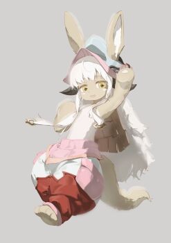  1other barefoot black_horns blue_helmet body_fur brown_fur claws commentary_request ears_through_headwear fake_horns fewer_digits flat_chest full_body furry grey_background hand_up helmet highres horizontal_pupils horned_helmet horns looking_at_viewer made_in_abyss multicolored_pants nanachi_(made_in_abyss) narehate neko_blow open_mouth other_focus pants pink_helmet puffy_pants red_pants simple_background smile tail topless_other two-tone_fur white_fur white_pants yellow_eyes 