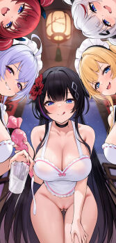  5girls :3 absurdres ahoge apron bare_shoulders black_hair blonde_hair blue_eyes blush breast_milk_in_container breasts ceiling_light cleavage closed_mouth collarbone commentary_request crossed_bangs cup diamond_(shape) diamond_hair_ornament drinking_glass flower frilled_apron frills from_below gluteal_fold gradient_eyes grin groin hair_between_eyes hair_flower hair_ornament hand_on_own_thigh hand_up highres holding holding_pastry_bag horns k.t.cube lantern large_breasts leaning_forward licking_lips light_particles looking_at_viewer maid maid_headdress mesugaki multicolored_eyes multiple_girls nail_polish naked_apron new_year night open_mouth original pastry_bag pink_nails pink_pupils pink_trim purple_eyes purple_hair pussy red_hair ribbon-trimmed_apron ribbon_trim smile standing surrounded teeth thighs tongue tongue_out white_apron white_hair 