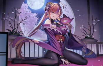  1girl absurdres ahoge arm_between_legs asymmetrical_bangs black_bodysuit blush bodysuit bow braid breasts bridal_gauntlets brown_hair cherry_blossoms commentary_request commission double_bun dress flower fox_mask full_body full_moon hair_bow hair_bun hair_flower hair_ornament hair_rings half_up_braid highres japanese_clothes kimono large_breasts long_hair looking_at_viewer mask mole mole_under_mouth moon obi off-shoulder_dress off_shoulder open_mouth orange_hair original purple_dress purple_eyes purple_kimono red_carpet sash sion_(9117) sitting skeb_commission sleeveless sleeveless_bodysuit smile solo teeth twintails unworn_mask upper_teeth_only wariza wind 