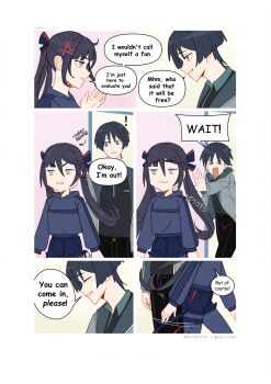  ! >_< 1boy 1girl :3 absurdres alternate_costume alternate_universe anger_vein aqua_eyes arms_at_sides arrow_(symbol) artist_name bags_under_eyes black_bodysuit black_hair black_hood black_hoodie black_pants black_ribbon black_shirt black_shorts black_sleeves blunt_bangs blunt_ends bodysuit breast_pocket casual closed_eyes collar contemporary cowlick english_text eyelashes facing_another frown genshin_impact genshinribu green_collar grey_eyes grey_jacket hand_up highres hood hood_down hoodie jacket lapels left-to-right_manga long_hair long_sleeves looking_at_another mid-stride mona_(genshin_impact) multiple_views open_hand open_mouth outstretched_arm pants pocket reaching reaching_towards_another red_ribbon ribbon scaramouche_(genshin_impact) shirt shorts sidelocks smirk sound_effects speech_bubble thigh_strap tsurime turnaround twintails two-sided_ribbon undershirt walking_away white_mouth 