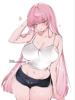  1girl anger_vein bare_arms black_shorts blush breasts camisole cleavage closed_mouth commentary cowboy_shot crop_top dolphin_shorts english_commentary hand_up highres hololive hololive_english large_breasts long_hair looking_at_viewer midriff mori_calliope navel nyanyaqwi pink_eyes pink_hair short_shorts shorts sidelocks simple_background solo sweat very_long_hair virtual_youtuber white_background white_camisole 