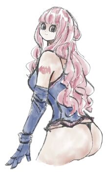  1girl ass black_panties breasts butt_crack cleavage elbow_gloves gamenamepuipui gloves highres huge_ass large_breasts lingerie long_hair looking_at_viewer looking_back lowleg lowleg_panties one_piece panties perona pink_hair shiny_skin shoulder_tattoo simple_background solo tattoo thong underwear white_background wide_hips 