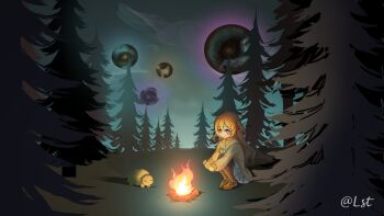  1boy 1girl ahoge artist_name black_socks black_thighhighs blue_eyes blue_sailor_collar blue_skirt bow bowtie brown_hair brown_shoes campfire cardigan closed_mouth commentary english_commentary forest from_side green_bow green_bowtie hair_between_eyes highres leafthreet long_hair long_sleeves nature neuro-sama outdoors outer_wilds pine_tree pleated_skirt sailor_collar shoes single_sock single_thighhigh skirt smile socks thighhighs tree turtle vedal987 vedal_ai virtual_youtuber wide_shot wide_sleeves yellow_cardigan 