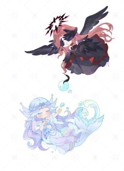  2girls absurdly_long_hair argyle_background bare_arms bare_shoulders bikini bird_wings black_dress black_gloves black_halo black_wings blue_bikini blue_hair blue_skirt bubble chibi circlet closed_eyes closed_mouth clothing_cutout colored_eyelashes covered_eyes crimson_feather_(infinity_nikki) dress elbow_gloves fake_tail falling fins fish_tail flying gloves gown hagoromo halo hand_on_own_chest head_fins highres infinity_nikki light_blush long_dress long_hair long_skirt mermaid_costume multiple_girls navel nikki_(series) outline outstretched_arm red_hair shawl sidelocks skirt smile snowy_ballad_(infinity_nikki) spiked_halo spread_wings stomach_cutout strapless strapless_dress swimsuit tail train_(clothing) very_long_hair waves wavy_hair white_background wings yellow_outline yuqing99999 