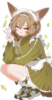 1girl :q absurdres alternate_costume animal_ear_fluff animal_ears apron arknights arm_rest beanstalk_(arknights) braid braided_ponytail brown_hair closed_mouth commentary_request enmaided frilled_apron frilled_skirt frills full_body green_jacket green_shoes green_skirt hair_between_eyes hair_intakes hair_ribbon hairband hand_up highres jacket jersey_maid light_blush long_sleeves looking_at_viewer maid maid_apron maid_headdress medium_hair pleated_skirt red_eyes ribbon ribbon_legwear sgt_syunkai shoes side_ponytail skirt sleeve_cuffs smile sneakers socks solo squatting tail tongue tongue_out unconventional_maid v white_apron white_hairband white_headdress white_socks zipper_pull_tab 