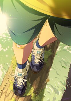  1boy ant bandaid bandaid_on_knee bandaid_on_leg bug commentary_request from_above head_out_of_frame insect leaf legs lens_flare log male_focus moss noeyebrow_(mauve) original outdoors shirt shoes shorts snail socks solo water 