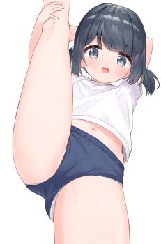  1girl :d adversarial_noise black_eyes black_hair blue_buruma buruma cameltoe commentary_request gym_uniform highres kneepits leg_lift leg_up loli looking_at_viewer makigai makino_yuna midriff navel open_mouth original paid_reward_available panties panties_under_buruma panty_peek shirt short_hair simple_background smile solo split standing standing_on_one_leg standing_split thighs twintails underwear white_background white_panties white_shirt 