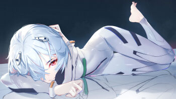 1girl absurdres ayanami_rei barefoot blue_hair bodysuit closed_mouth detexted feet highres interface_headset_(evangelion) legs lying mecha_pilot_suit neon_genesis_evangelion on_stomach plugsuit_(evangelion) short_hair soles solo the_pose thigh_gap third-party_edit wallpaper_forced white_bodysuit white_theme