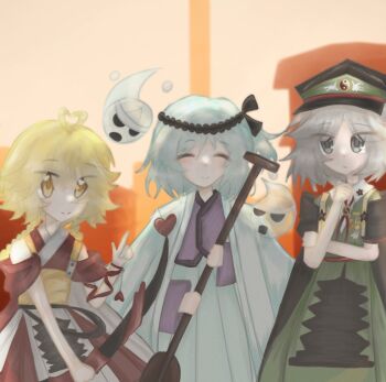 3others ^_^ adoptive_siblings androgynous antenna_hair apron arm_ribbon armor bare_arms belt black_belt black_cape black_headband black_ribbon blonde_hair blue_hair blue_hakama bow_(weapon) braid breastplate brooch building cape chinese_commentary city closed_eyes closed_mouth collared_shirt commentary_request compass_(xinjinjumin6687443) cowboy_shot detached_sleeves dot_nose dress expressionless eyes_visible_through_hair fujiwara_no_iyozane fujiwara_no_shirogane_no_sanra ghost_(len'en) green_dress grey_hair hachimaki hair_between_eyes hair_ribbon hakama hakama_skirt hand_on_own_arm haori happy hat headband heart heart_antenna_hair heart_in_eye highres hitodama holding holding_bow_(weapon) holding_oar holding_weapon jacket jacket_on_shoulders japanese_clothes jewelry kimono len'en light_blush light_frown long_hair looking_at_viewer low_twin_braids medal medium_hair military_hat military_uniform multiple_others neck_ribbon oar one_side_up ooama_no_ake_no_mitori outdoors pagoda pagoda_print pointing pointing_up print_apron print_dress purple_kimono red_dress red_eyes red_hakama red_kimono red_ribbon red_sleeves ribbon shirt shirt_under_dress short_sleeves siblings skirt sky skyscraper sleeveless sleeveless_kimono smile standing symbol_in_eye triangular_headpiece twin_braids two-sided_cape two-sided_fabric v-neck very_long_hair waist_apron weapon white_apron white_cape white_jacket white_shirt wing_print yellow_eyes yellow_sky yin_yang yin_yang_print