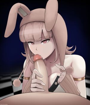  1boy 1girl animal_ears animal_hood bare_shoulders blunt_bangs bracelet breasts brown_hair commentary danganronpa_(series) danganronpa_2:_goodbye_despair fake_animal_ears fellatio fingerless_gloves gloves hetero highres hood jewelry large_breasts nanami_chiaki official_alternate_costume oral penis pink_eyes playboy_bunny rabbit_hood shiny_skin triple_stabber 