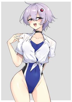  a.i._voice absurdres bikini bikini_under_clothes black_choker blue_one-piece_swimsuit choker commentary_request competition_swimsuit covered_navel grey_background groin hair_between_eyes highleg highleg_one-piece_swimsuit highres looking_at_viewer medium_hair one-piece_swimsuit purple_eyes purple_hair shirt simple_background swimsuit swimsuit_under_clothes thighs tied_shirt voiceroid white_shirt yuzuki_yukari zooanime 