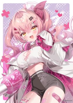  1girl bandaid_on_thigh bike_shorts black_shorts breasts chi_no cleavage coat commentary commission drill_hair hair_ornament hair_ribbon hairclip hat headphones headphones_around_neck highres indie_virtual_youtuber large_breasts large_syringe long_hair long_sleeves looking_at_viewer midriff minaton nurse_cap open_clothes open_coat open_mouth oversized_object pink_hair pink_ribbon ribbon shorts skeb_commission skin_tight solo syringe twin_drills twintails virtual_youtuber white_coat yellow_eyes 
