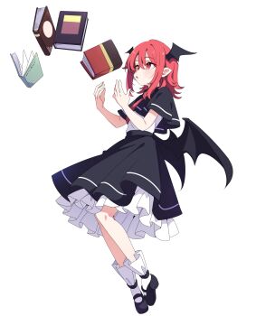  1girl absurdres baba_(baba_seimaijo) black_capelet black_shoes black_skirt blush book capelet commentary_request demon_wings full_body head_wings highres koakuma mary_janes necktie open_book open_mouth petticoat pointy_ears red_hair red_necktie shirt shoes simple_background skirt socks solo touhou white_background white_shirt white_socks wings 