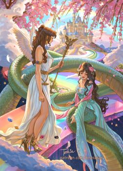 2girls aqua_dress armlet belt black_gemstone black_hair blue_gemstone blue_sky brown_hair caduceus castle cherry_blossoms closed_eyes closed_mouth cloud commentary dragon_girl dragon_tail dress earrings eastern_dragon_tail english_commentary falling_feathers falling_petals feathered_wings feathers floating_gem flower flower_earrings gem gold_armlet green_scales hair_flower hair_ornament hair_ribbon half_updo heel_up high_heel_sandals highres holding holding_scepter jewelry long_hair long_sleeves looking_at_another looking_down mountain multiple_girls original outdoors patreon_username petals pink_flower pink_shawl rainbow rainbow_road red_gemstone ribbon sandals scepter shawl side_slit signature sitting sky standing star_(symbol) toshiasan very_long_hair very_long_tail wavy_hair white_dress white_flower white_gemstone white_ribbon white_wings wide_sleeves wings yellow_gemstone
