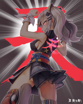  1girl alternate_eye_color bare_shoulders black_dress breasts commentary_request dress eyelashes fingernails from_behind grey_hair grin hair_ornament hairclip heaven_(kanji) highres iroia kaguya_luna long_hair looking_back medium_breasts no_bra obi over-kneehighs parody purple_eyes red_eyes red_thighhighs ribbon sash sharp_teeth short_dress shun_goku_satsu side_slit sideboob sideways_mouth sleeveless sleeveless_dress smile solo street_fighter striped_clothes striped_ribbon striped_thighhighs teeth the_moon_studio thighhighs translation_request tsurime turtleneck twintails vertical-striped_clothes vertical-striped_thighhighs virtual_youtuber white_ribbon wrist_ribbon wristband x_hair_ornament zettai_ryouiki 