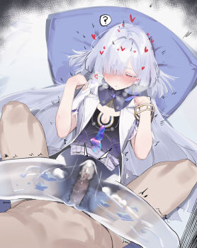  1boy 1girl ? absurdres blunt_ends blush bracelet breasts cum ejaculation hair_over_one_eye hair_spread_out hands_up hetero highres internal_cumshot jacket jewelry long_hair lying missionary monster_girl mornye_(wuthering_waves) on_back penis red_eyes see-through_body sex short_sleeves slime_girl small_breasts speech_bubble spoken_question_mark spread_legs thick_eyelashes uncensored uta_(xuyansong1996) very_long_hair white_hair white_jacket wuthering_waves 