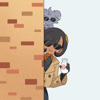  1girl :t absurdres black_hair bottle brick_wall brown_jacket closed_mouth commentary_request crossed_arms dark-skinned_female dark_skin dot_nose drink eating emma_(pokemon) espurr food food_bite galette_(food) gen_6_pokemon hair_ornament highres holding holding_bottle holding_drink holding_food ichigo_15_36 jacket long_sleeves lumiose_galette milk milk_bottle moomoo_milk nintendo peeking peeking_out pokemon pokemon_(creature) pokemon_legends:_z-a short_hair sunglasses 