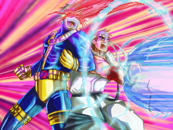  2boys attack bodysuit capcom crossover cyclops_(x-men) fireball gloves headband laser marvel marvel_super_heroes_vs._street_fighter marvel_vs._capcom marvel_vs._capcom_2 multiple_boys open_mouth ryu_(street_fighter) serious street_fighter x-men x-men_vs._street_fighter x-men_vs_street_fighter 