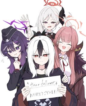  4girls a-dwolf absurdres aru_(blue_archive) black_choker black_hair black_hat black_hoodie black_horns black_jacket blue_archive brown_coat choker closed_eyes closed_mouth coat collar collarbone collared_shirt commentary_request demon_horns facing_viewer flying_sweatdrops frilled_collar frills fur-trimmed_coat fur_trim furrowed_brow garrison_cap hair_between_eyes hair_ornament hairclip halo hand_on_another's_shoulder haruka_(blue_archive) hat highres holding holding_sign hood hoodie horns jacket kayoko_(blue_archive) long_hair long_sleeves looking_at_viewer milestone_celebration mole mole_on_neck multiple_girls mutsuki_(blue_archive) neck_ribbon open_mouth pink_eyes pointy_ears problem_solver_68_(blue_archive) purple_eyes purple_hair red_eyes red_ribbon ribbon shirt side_ponytail sidelocks sign simple_background standing translation_request upper_body white_background white_hair white_shirt 