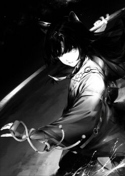  1girl animal_ears arknights beads black_hair braid dog_ears dog_girl duoyuanjun facial_mark forehead_mark highres hime_cut holding holding_polearm holding_weapon japanese_clothes kimono long_hair monochrome naginata parted_bangs parted_lips polearm prayer_beads saga_(arknights) side_braid solo weapon 