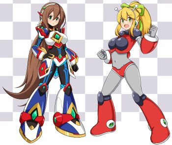  1girl :d aged_up android antennae arm_behind_back arm_up armor armored_boots arms_up bikini bikini_armor blonde_hair blush bodysuit boots breastplate breasts brown_hair checkered_background chest_jewel circuit_board_print clenched_hands commentary_request covered_navel earphones fighting_stance full_body gorget green_eyes green_ribbon grey_background hair_between_eyes hair_ribbon hairband hand_on_own_hip headphones highres hyper_roll_(marvel_vs._capcom) iris_(mega_man) joints knee_boots knee_pads large_breasts light_blush long_hair looking_at_viewer marvel_vs._capcom mechanical_arms mechanical_boots mechanical_legs mega_man_(classic) mega_man_(series) mega_man_x_(series) mega_man_x_dive milliani open_mouth ponytail radio_antenna red_armor red_bikini red_boots ribbon robot robot_girl robot_joints roll_(mega_man) serious shoulder_armor sidelocks smile solo swimsuit whip 