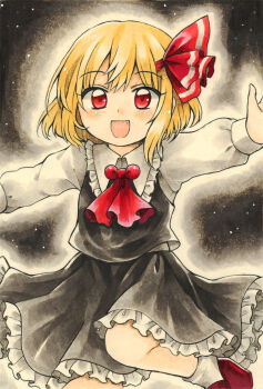  1girl absurdres ascot bad_id bad_pixiv_id black_skirt black_vest blonde_hair blush collared_shirt commentary_request fang frilled_shirt_collar frilled_skirt frills hair_ribbon highres long_sleeves looking_at_viewer maa_(forsythia1729) open_mouth outstretched_arms red_ascot red_eyes red_ribbon ribbon rumia shirt skirt skirt_set smile socks solo spread_arms touhou traditional_media vest white_shirt white_socks 