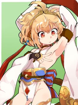 1girl :< ahoge andira_(granblue_fantasy) animal_ears arm_up armpit_focus armpits blonde_hair commentary_request detached_sleeves erune flat_chest granblue_fantasy highleg highleg_leotard highres leotard monkey_ears monkey_girl monkey_tail red_eyes short_hair solo tail wide_sleeves yucopi rating:Sensitive score:23 user:danbooru