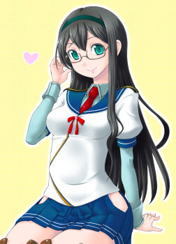 10s 1girl adjusting_hair aqua_eyes arm_support black_hair clothing_cutout female_focus glasses hairband heart highres hip_vent kantai_collection long_hair looking_at_viewer ooyodo_(kancolle) school_uniform semi-rimless_eyewear serafuku sitting skirt smile solo under-rim_eyewear yaso_shigeru