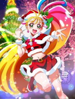  1girl :d alternate_costume belt black_belt blonde_hair blue_hair blurry bokeh boots capelet christmas christmas_lights christmas_tree commentary crop_top cure_summer depth_of_field earrings english_commentary fur-trimmed_boots fur-trimmed_capelet fur-trimmed_shirt fur-trimmed_skirt fur_cuffs fur_trim gradient_hair green_eyes hair_pulled_back highres holding holding_sack holly jewelry leg_up long_hair looking_at_viewer magical_girl midriff miniskirt mixed-language_commentary momotarouooi multicolored_eyes multicolored_hair natsuumi_manatsu navel night open_mouth outdoors over_shoulder pink_eyes pink_hair precure reaching reaching_towards_viewer red_capelet red_shoes red_skirt sack santa_costume shirt shoes side_ponytail skirt smile solo standing standing_on_one_leg streaked_hair triangle_earrings tropical-rouge!_precure very_long_hair 
