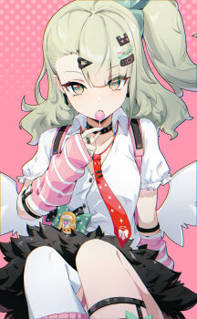  1girl absurdres arm_warmers backpack bag bilingual_commentary black_choker blunt_bangs bow breasts candy choker collarbone collared_shirt commentary dress_shirt earrings english_commentary food green_eyes green_hair hair_ornament hairclip halftone halftone_background highres holding holding_candy holding_food holding_lollipop jewelry kumo33 lollipop looking_at_viewer low_wings medium_breasts medium_hair mixed-language_commentary necktie pink_background polka_dot polka_dot_bow ponytail red_necktie ring shirt single_thighhigh sitting solo sunna_(zenless_zone_zero) thighhighs virtual_pet_(toy) white_shirt wings x_hair_ornament zenless_zone_zero 