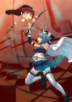  10s 2girls blue_hair cape cometch dual_wielding gloves hair_ornament hairclip highres holding looking_at_another magical_girl mahou_shoujo_madoka_magica mahou_shoujo_madoka_magica_(anime) miki_sayaka miki_sayaka_(magical_girl) multiple_girls open_mouth ponytail red_eyes red_hair sakura_kyoko soul_gem sword thighhighs weapon white_gloves white_legwear  rating:Sensitive score:7 user:danbooru