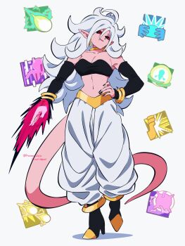  absurdres android_21 arm_blade aura bare_shoulders black_sclera black_sleeves black_tube_top breasts cleavage colored_sclera colored_skin detached_sleeves dragon_ball dragon_ball_fighterz energy_blade full_body gameplay_mechanics hand_on_own_hip highres komesan_0212 long_hair majin_android_21 medium_breasts navel pants pink_skin pink_tail red_eyes strapless tube_top weapon white_hair white_pants 