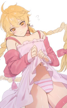  1boy aether_(genshin_impact) ahoge bare_shoulders blonde_hair braid bulge commentary_request crossdressing crossdressing_(mtf) detached_sleeves dress earrings frilled_dress frills genshin_impact highres jewelry panties sg_(under_siiiiii) single_earring solo striped_clothes striped_panties trap underwear yellow_eyes  rating:Questionable score:36 user:danbooru