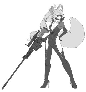  1girl absurdres animal_ears bodysuit boots bow choker clothing_cutout collar collared_suit fate/grand_order fate_(series) fox_ears fox_tail glasses gun hair_bow hand_on_own_hip high_heels highres holding holding_gun holding_weapon just_we knee_boots koyanskaya_(fate) long_hair original scope serious solo solo_focus tail thigh_cutout v-neck weapon zipper 