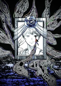  1boy ariannareborn body_horror commentary death english_commentary greyscale hikaru_ga_shinda_natsu iei indou_hikaru looking_at_viewer male_focus melting_eyes monochrome partially_colored portrait_(object) red_pupils short_eyebrows short_hair smile solo spot_color 