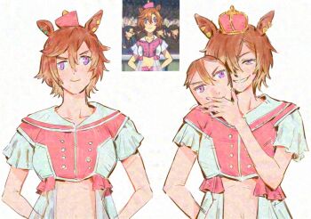  1girl animal_ears anime_screenshot_inset arm_behind_back arms_behind_back brown_hair commentary crown grin highres holding holding_mask horse_ears horse_girl jeremr looking_at_viewer mask mini_crown multiple_views purple_eyes quality reference_inset simple_background smile t.m._opera_o_(umamusume) umamusume white_background 