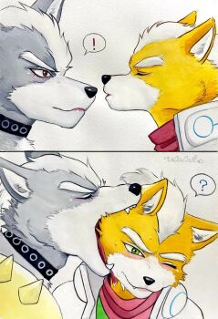  ! 2boys ? blush closed_mouth collar commentary english_commentary fang fang_out fangs fox_mccloud furry furry_male green_shirt highres jacket kiss looking_at_another male_focus multiple_boys neckerchief nintendo open_mouth profile red_neckerchief saliva scan shirt speech_bubble spoken_exclamation_mark spoken_question_mark star_fox traditional_media ulala_ko white_background white_jacket wolf_o'donnell yaoi 