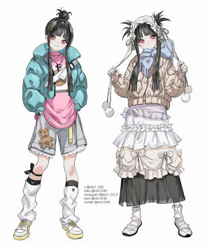  2girls aqua_jacket black_hair brown_cardigan cardigan closed_mouth commentary frilled_skirt frills full_body grey_shorts hair_bun hair_ornament hair_through_headwear hairclip hands_in_pockets highres jacket jewelry layered_skirt long_hair long_skirt long_sleeves looking_at_viewer multiple_girls necklace open_clothes open_jacket original oto1_030 pink_shirt pom_pom_(clothes) red_eyes scarf shirt shoes shorts simple_background skirt smile socks standing stuffed_animal stuffed_toy teddy_bear two_side_up white_shoes white_socks 