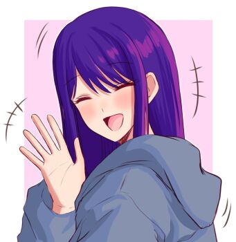  1girl border closed_eyes from_behind grey_hoodie hashtag-only_commentary hood hoodie hoshino_ai lily_rong long_hair oshi_no_ko pink_background purple_hair simple_background solo upper_body waving white_border 